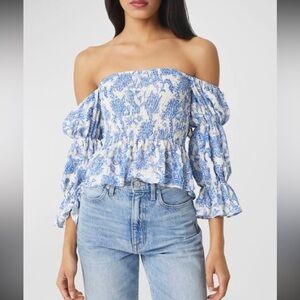 Misa Los Angeles Blue & White Smocked Puff Sleeve Top Size Small